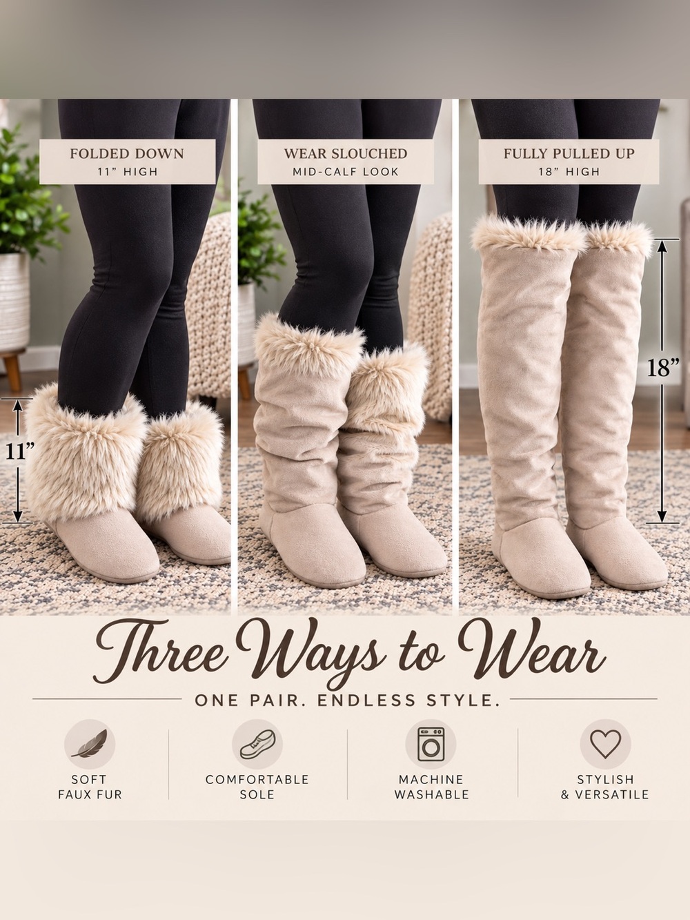 Dearfoams Washable Faux-Fur Boots — Size 9–10